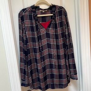 Loft navy blue, cream, gold sparkle, and red plaid blouse